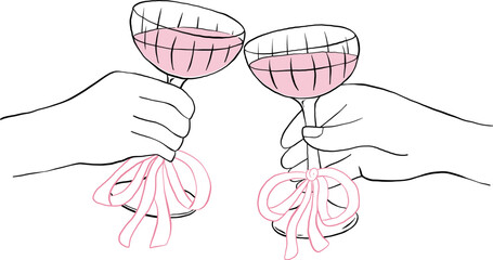 Hand drawn hands clinking champagne glasses vector illustration. Toast with drinks sketch drawing. Celebration concept doodle for party banners and wedding cards.