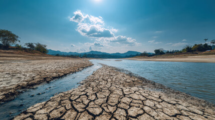 Dry riverbed in Mekong region during dry season, showcasing cracked soil and low water levels under bright blue sky with scattered clouds. landscape reflects impact of drought
