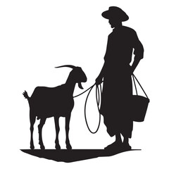 Silhouette of a goat and man together isolated on white background