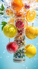 Assorted fruits and beans in a container with water bubbles on a light blue background in a studio shot