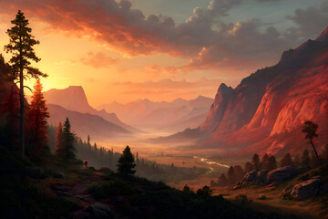 Naklejka premium Sunset view over mountain and forest landscape.
