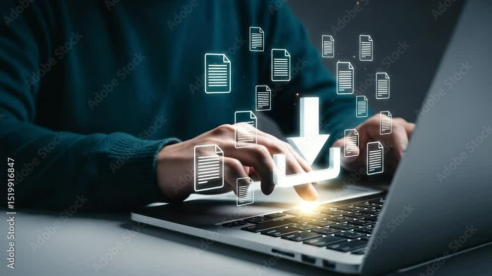 Poster person downloading files on a laptop with a glowing arrow and document icons floating above it