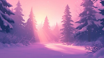 Winter panorama banner featuring a snow covered forest trees and road at sunrise A serene winter morning landscape showcasing a purple hue perfect for New Year and Christmas themes
