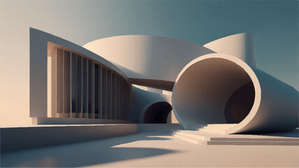 "Futuristic 3D architectural interior with flowing curves, vaulted arches, and soft natural lighting reflected on a glossy floor, evoking elegance and serenity in a modern minimalist space"