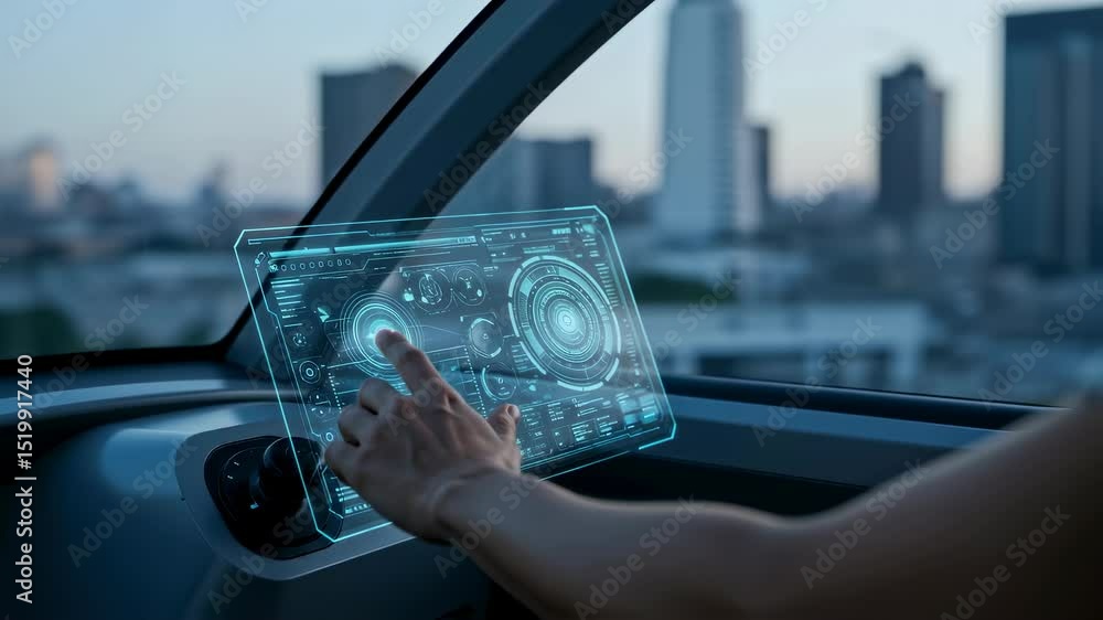 Poster man using futuristic transparent touchscreen device inside smart boat. future of marine technology. 