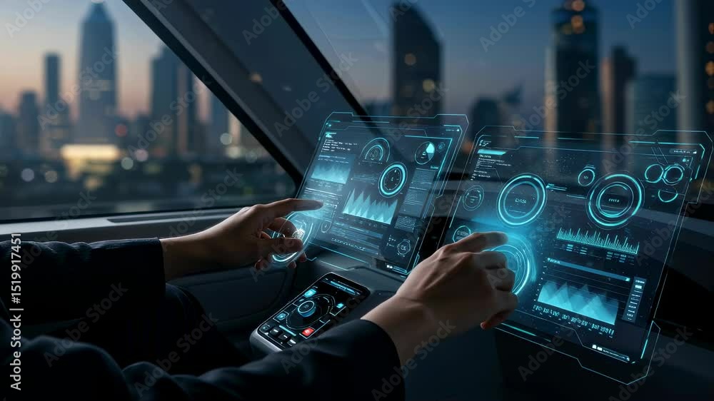 Poster woman uses futuristic transparent display with data analytics while riding in vehicle with city view