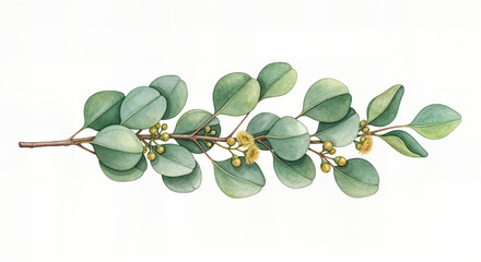 Watercolor green floral banner with silver dollar eucalyptus leaves and branches isolated on white background.