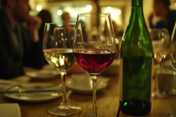 Naklejka premium A table with three wine glasses filled with red and white vintages, people in the background sitting at dining tables