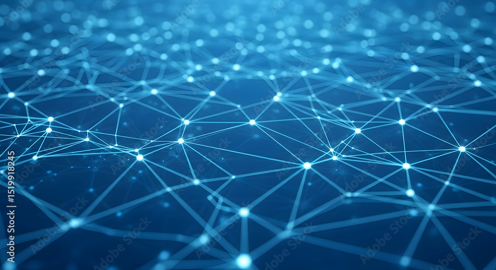 Poster abstract network connection digital nodes and lines interconnected in blue