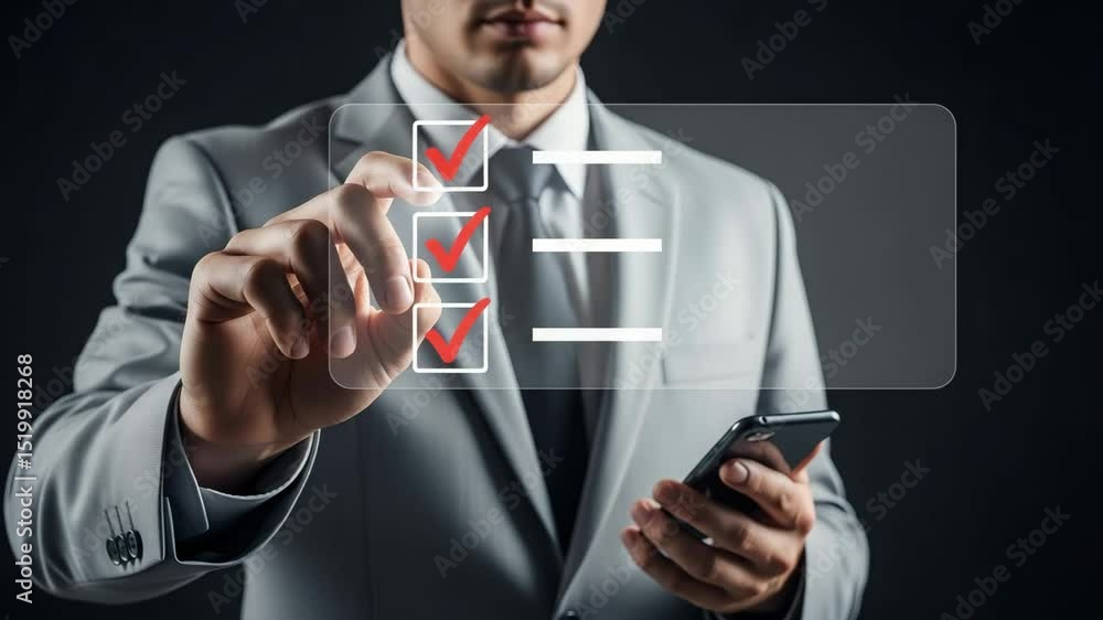 Aufkleber man in suit interacting with digital checklist on transparent screen holding a smartphone device