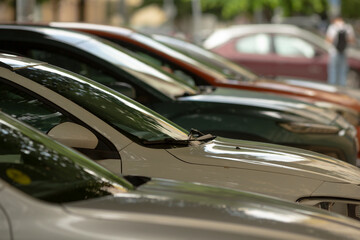 A diverse and colorful array of cars, with vibrant hues and unique designs, are parked neatly in...