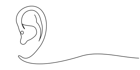Ear one line drawing and isolated continuous outline vector illustration icon, Human ear continuous one line drawing. Single line editable vector drawing of the hearing part of the body. Concept