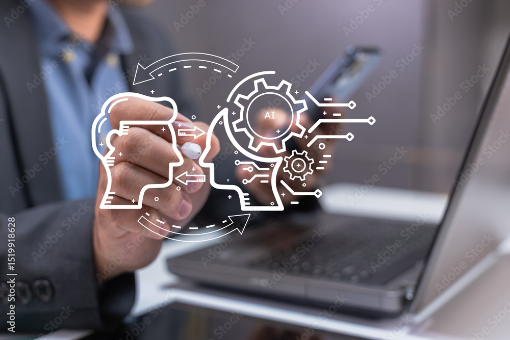 Poster a person working on a laptop with ai and technology-themed digital graphics overlaying the image.