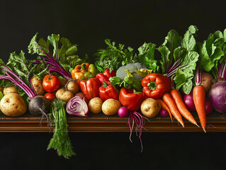 A vibrant display of fresh vegetables against a dark background showcasing nature's bounty.