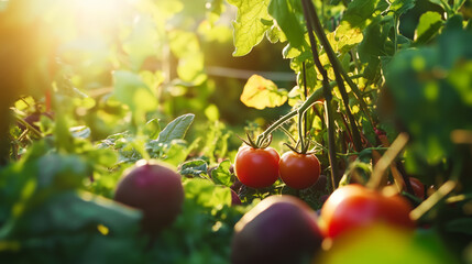 Sunlit tomatoes ripen on the vine amidst lush green leaves, basking in warm, golden light.
