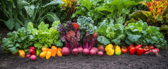Vibrant array of fresh vegetables including leafy greens, peppers, and beets arranged in a lush garden setting.