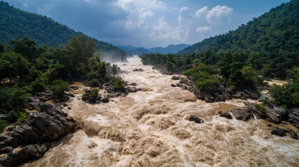 Rushing waters of Mekong River cascade through rocky rapids, surrounded by lush greenery and mountains under dramatic sky. scene captures raw power and beauty of nature