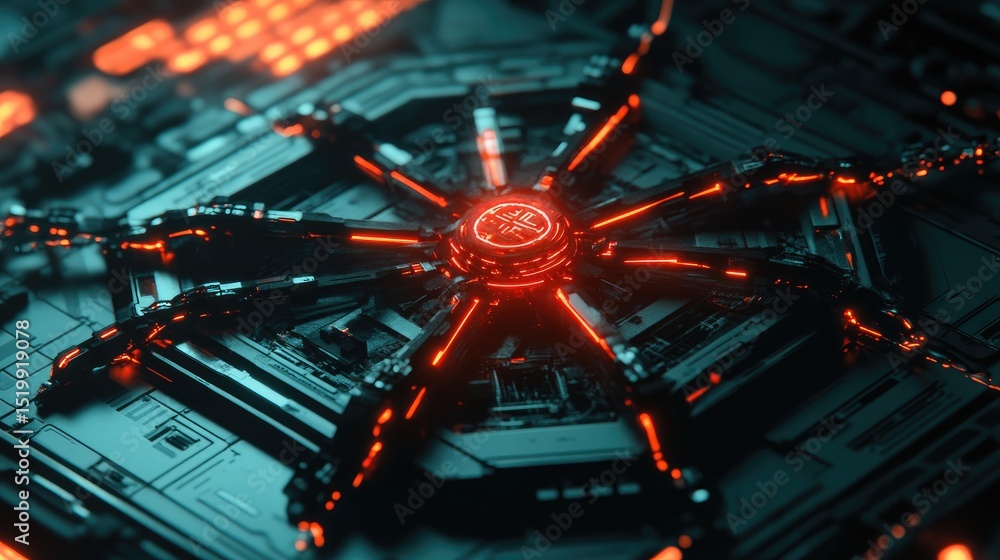 Poster glowing red core with mechanical arms on a dark tech circuit board