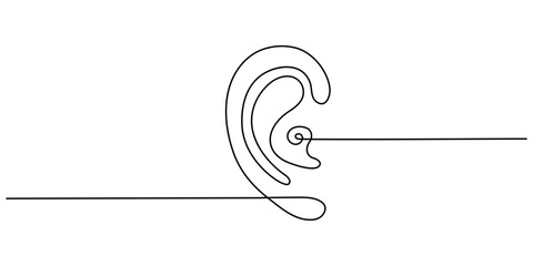 Ear one line drawing and isolated continuous outline vector illustration icon, Human ear continuous one line drawing. Single line editable vector drawing of the hearing part of the body. Concept