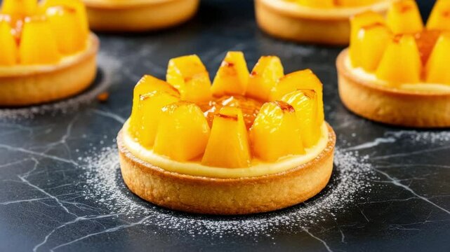 Delicious fruit tart with creamy filling and golden peach slices served on black marble background