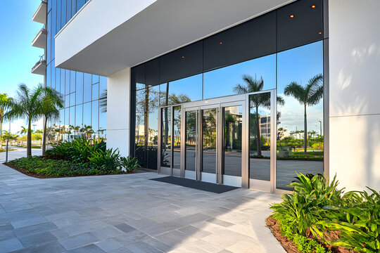 Modern glass building entrance exterior with automatic sliding doors, tropical landscape with palm trees, corporate office architecture, clean sidewalk, reflection glass facade