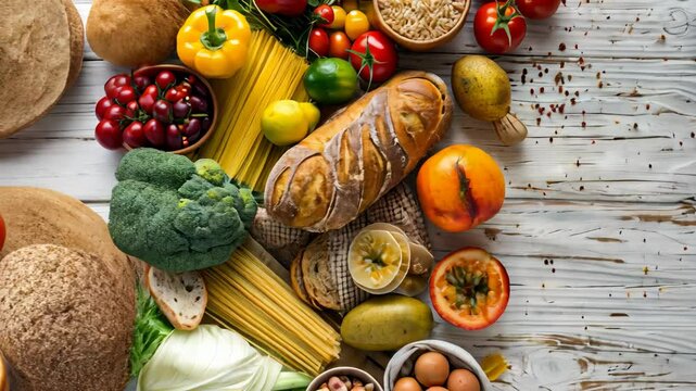 A colorful display of fruits, veggies, and artisanal bread arranged on a wooden table, showcasing natural hues and textures