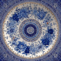 Naklejka premium Elegant Blue Porcelain Plate with Intricate Floral Patterns and Ceramic Artistry