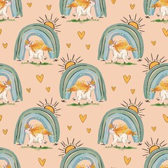 Seamless pattern with rainbow and unicorn