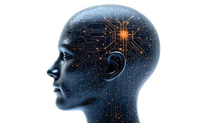 Artificial intelligence head with circuit board isolated on white background