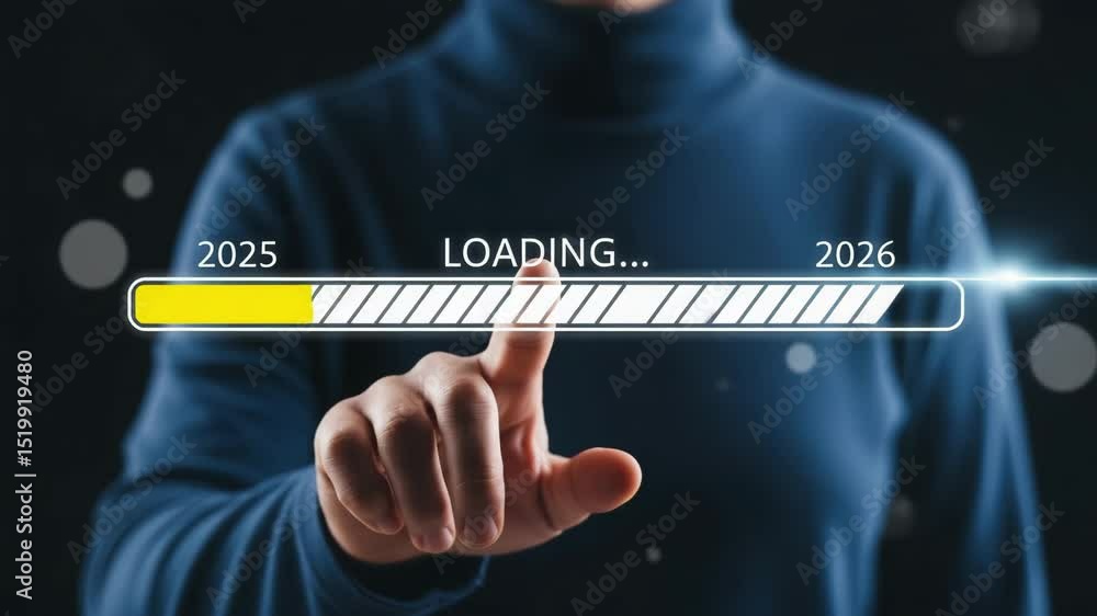 Poster a person touches a loading bar graphic showing progress from 2025 to 2029 on a dark background