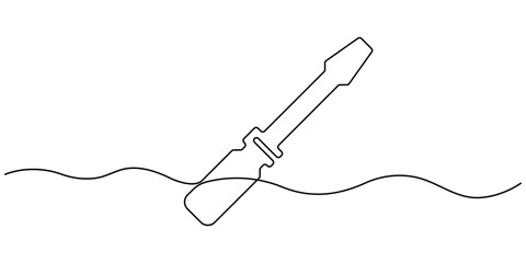 One continuous line drawing of screwdriver. Single line of screwdriver vector illustration, Single continuous line drawing of screw driver mechanics concept vector illustration, Screwdriver icon line