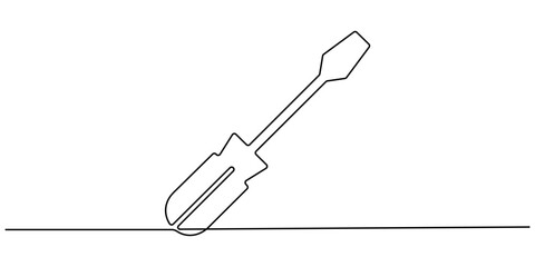 One continuous line drawing of screwdriver. Single line of screwdriver vector illustration, Single continuous line drawing of screw driver mechanics concept vector illustration, Screwdriver icon line