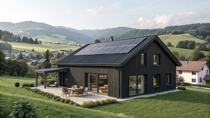 Obraz premium Modern Black House with Solar Panels in the Mountains