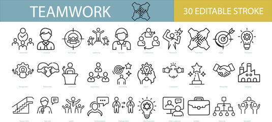 Teamwork outline icon set. Collection of teamwork, collaboration, leadership, management and more. Vector illustration. Editable stroke.
