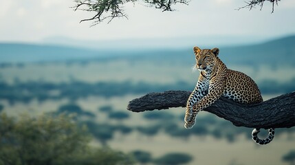 Obraz premium Leopard Resting on Tree Branch Enjoying Vast African Savanna View