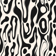 Abstract seamless pattern with organic shapes. Monochrome vector background with liquid lines, fluid shapes, ink spots, biological structures. Black and white funky groovy wavy texture. Repeat design