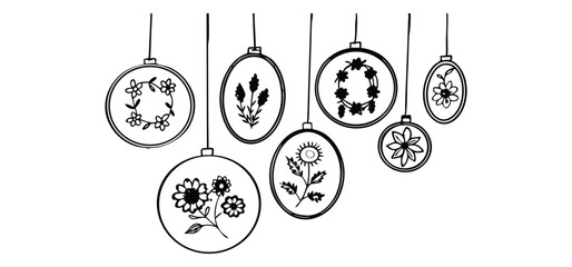 Hand drawn floral embroidery hoop ornaments in a simple black and white line art style featuring delicate botanical arrangements © Hafiz