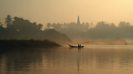 Tranquil morning scene on Mekong River, featuring silhouetted fisherman in boat surrounded by mist and palm trees. soft light creates serene atmosphere, perfect for reflection