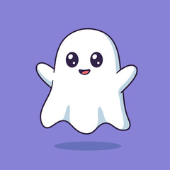 Cute Cartoon Ghost Icon Floating White Sheet Shape Showcasing Friendly Expression For Halloween Character Mascot