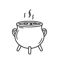 Cartoon Cauldron Icon Black Line Art Round Pot Outline Showcasing Steam Lines For Witch Brew Symbol