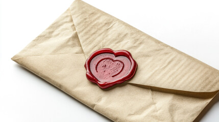 Close up old vintage weathered brown paper blank mailing envelope with retro styled red wax seal, elevated top view, directly above isolated On white background.