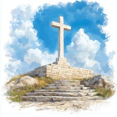 Elevated Stone Cross Against a Blue Sky