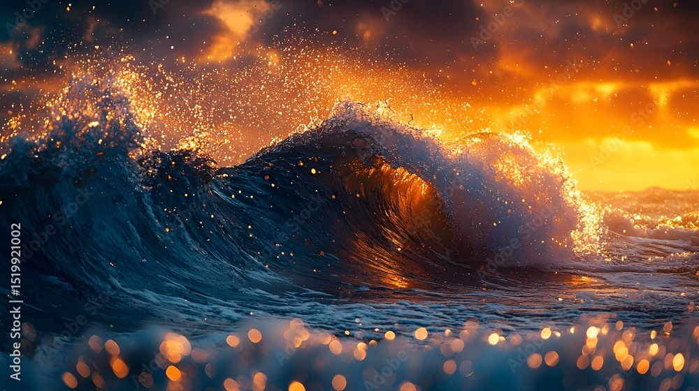 Poster a powerful wave crashing onto the shore creating a sparkling mist