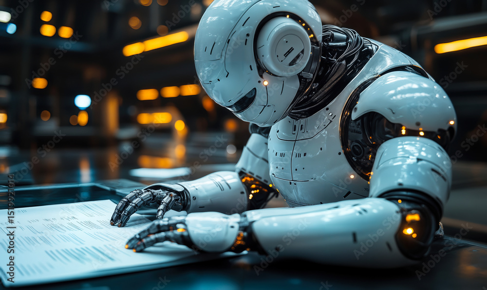 Poster futuristic humanoid robot analyzing digital data on tablet in high-tech modern laboratory with glowi