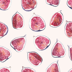 Sliced figs seamless watercolor pattern on light background