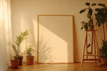 Sunny room with plants and a blank frame