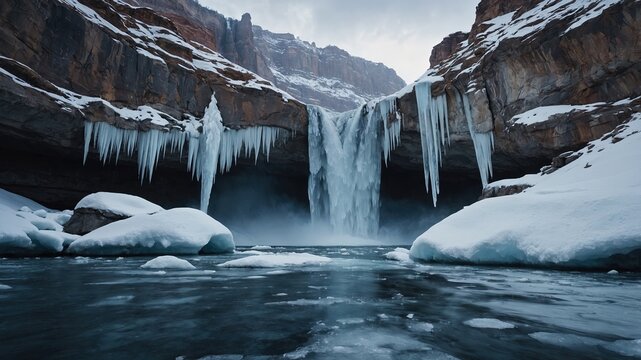 Cascada helada en la monta&ntilde;a rodeada de nieve profunda y aguas parcialmente congeladas

