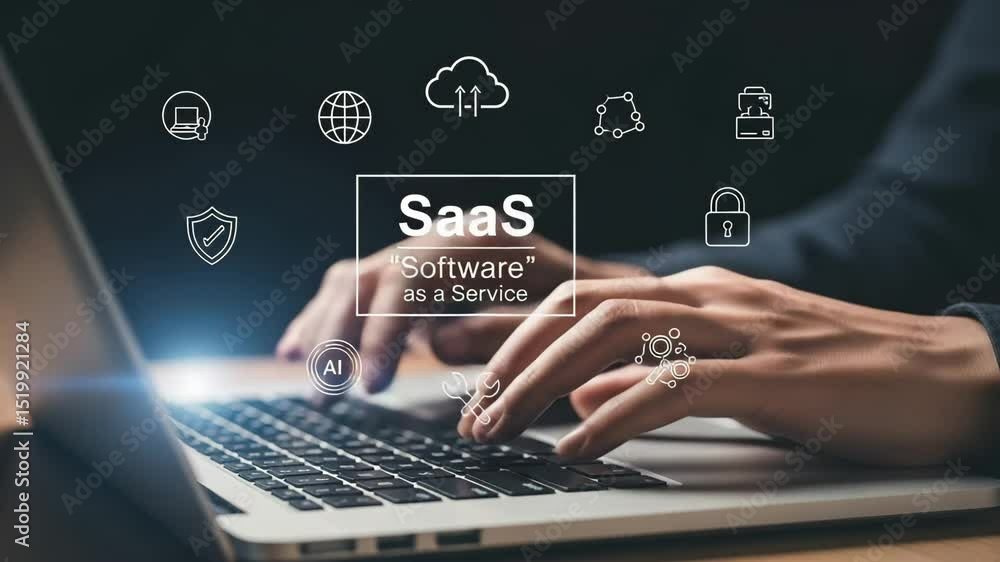 Poster Hands typing on a laptop with software as a service icons and text overlay in the background