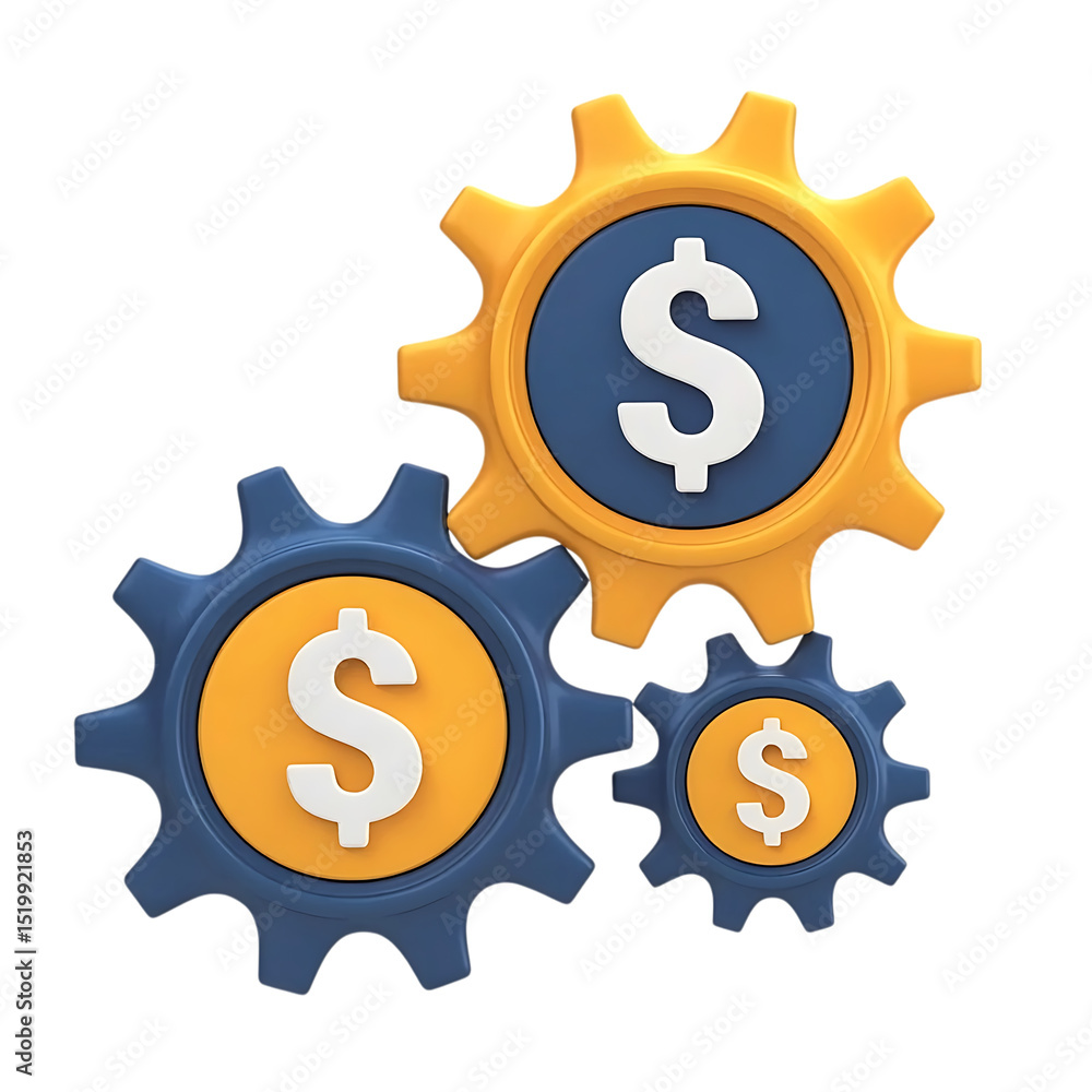 Poster three interlocking gears with dollar signs isolated on transparent background