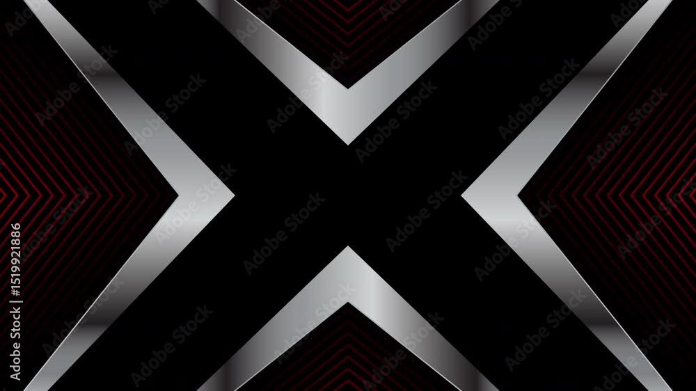 Poster abstract animated background with metallic silver x shape and dark red concentric lines moving subtl